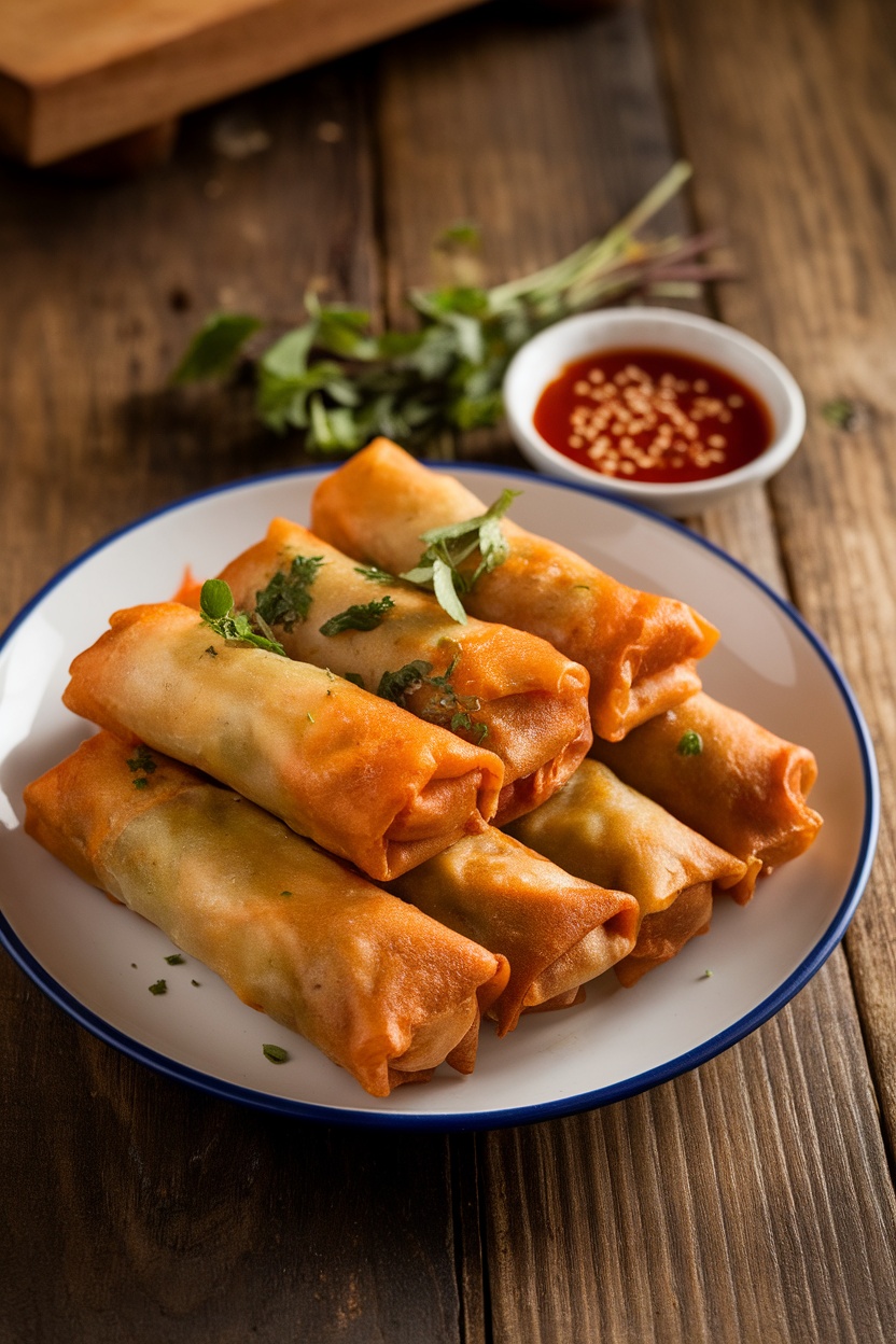 Crispy Lumpiang Shanghai spring rolls on a plate with sweet and sour sauce.